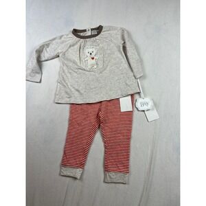 Nordstrom Baby 12M Bear Applique Top and Striped Leggings Set Red Oatmeal